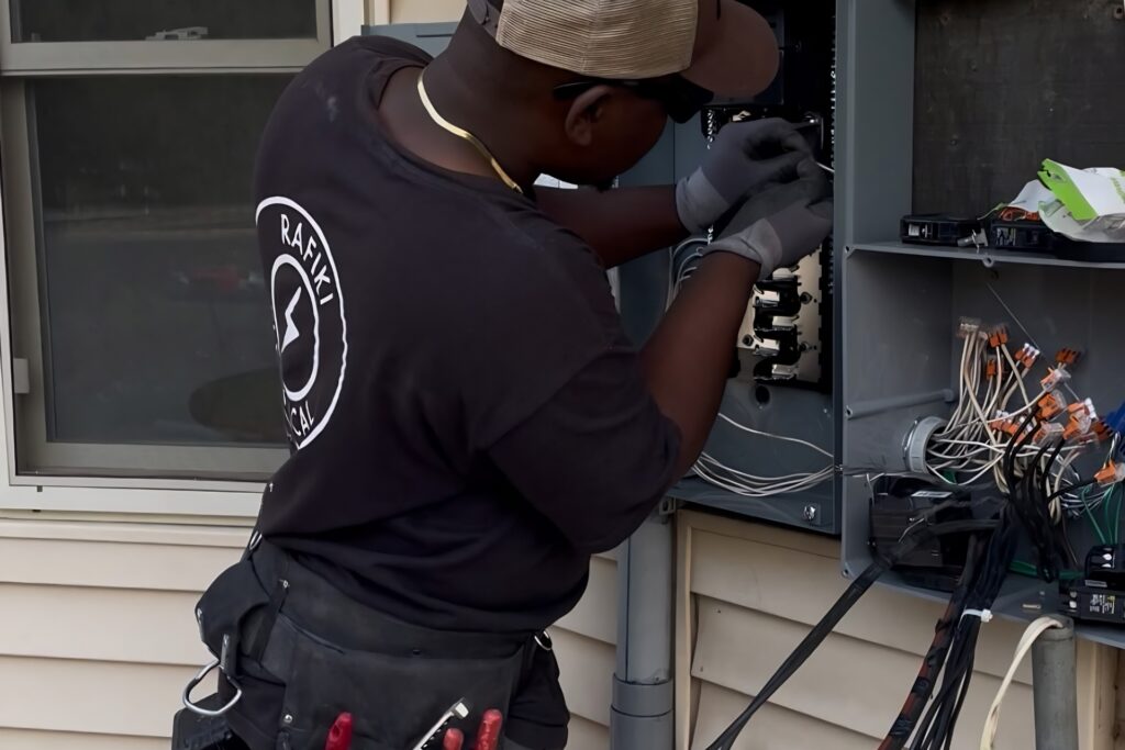 Rafiki Electrical electrician at an outdoor panel, serving Aurora and nearby communities.