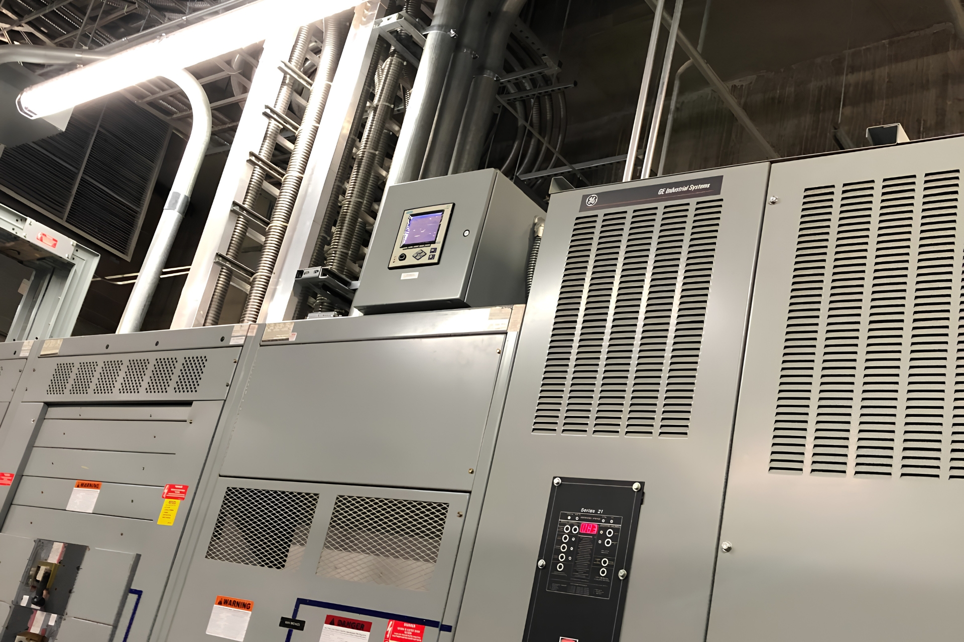 Commercial electrical panels and conduit in an electrical room.
